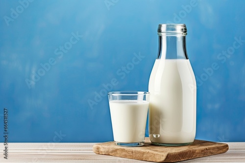 A bottle of milk and a glass of milk on a wooden table on a blue background.