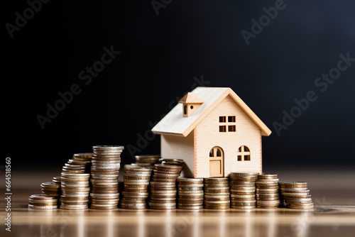 House model and coins stacks on wooden table, business real estate concept. photo