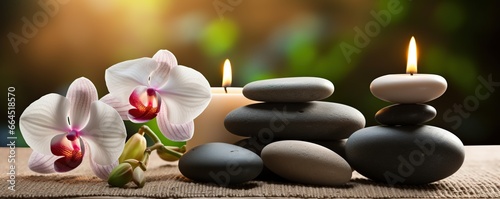 Stones  Towels and Candles for spa banner. AI Generated.