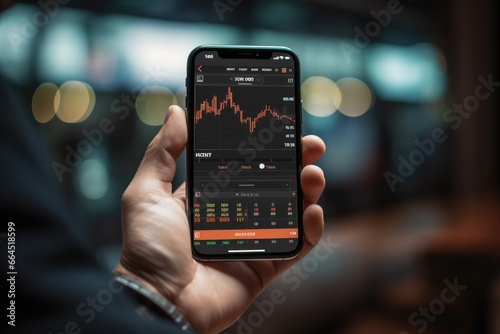 Male hand holding a smartphone using a mobile investment application. investing in the stock market and cryptocurrency trading on the app.