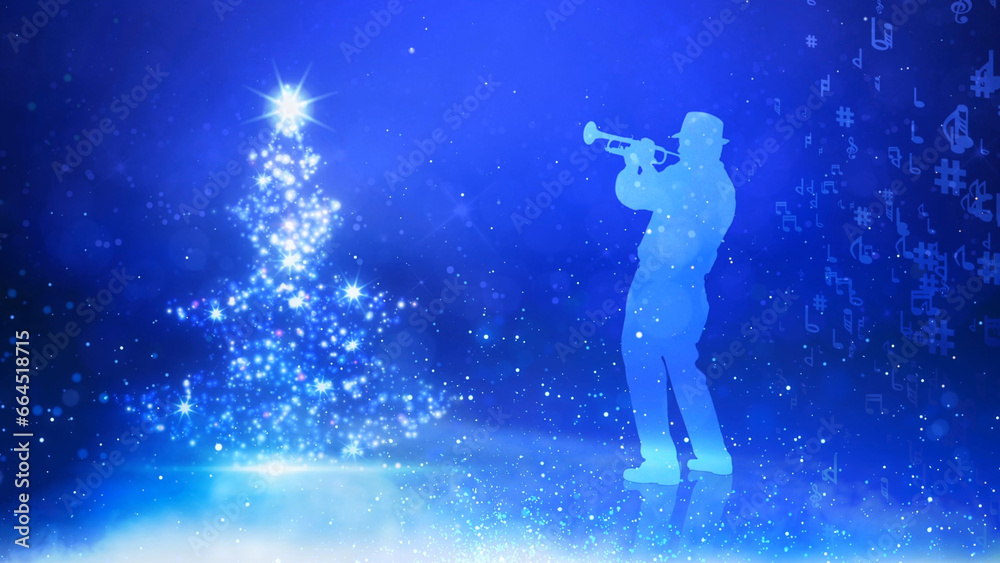 Christmas Tree Musician Blue Background features a blue atmosphere with a particle Christmas tree and the silhouette of a man playing a horn with particles and music notes in the air, Not A.I.