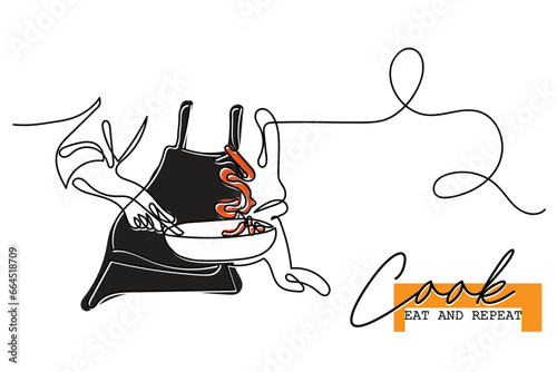 Continuous line art of process of cooking . Chef working in Kitchen. Creativity involved in cookery. Vector art. 