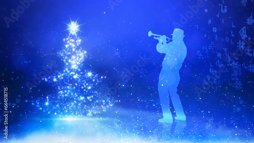 Christmas Tree Musician Blue Background features a blue atmosphere with a particle Christmas tree and the silhouette of a man playing a horn with particles and music notes in the air  Not A.I.