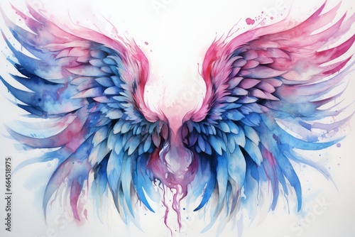 Beautiful magic watercolor blue pink wings.