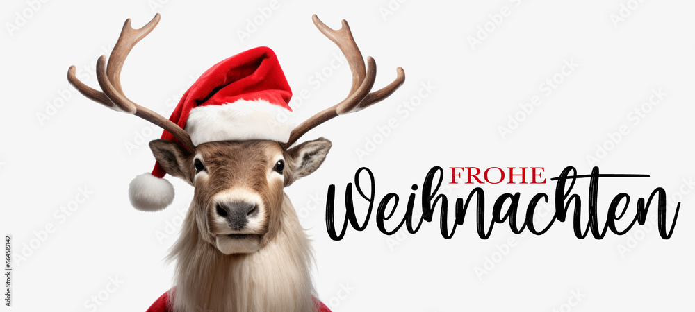 Frohe Weihnachten Konzept Grußkarte mit deutschem Text - Cooles Rentier mit Nikolausmütze oder Weihnachtsmannmütze, isoliert auf weißem Hintergrund - obrazy, fototapety, plakaty 