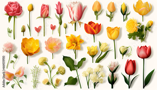 Beautiful Japanese flowers and nature elements, set of various types of Hasu (Lotus) and Kiiroichurippu (Yellow Tulip), Akaichurippu (Red Tulip), Tsubaki (Camellia) isolated on white background