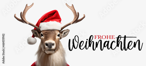 Frohe Weihnachten Konzept Grußkarte mit deutschem Text - Cooles Rentier mit Nikolausmütze oder Weihnachtsmannmütze, isoliert auf weißem Hintergrund photo