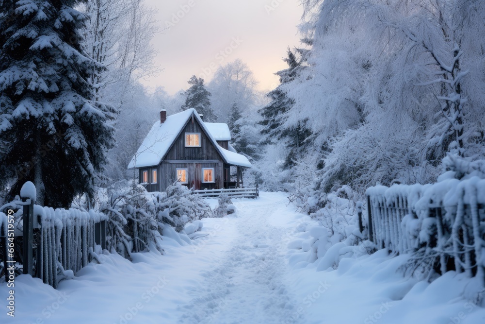 A snowy lane, bordered by hedges, leading to a cozy cabin.