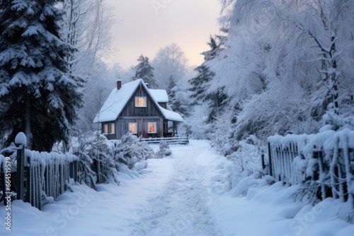 A snowy lane, bordered by hedges, leading to a cozy cabin. © furyon
