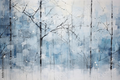 Abstract winter painting, blending cool tones and snowy patterns.
