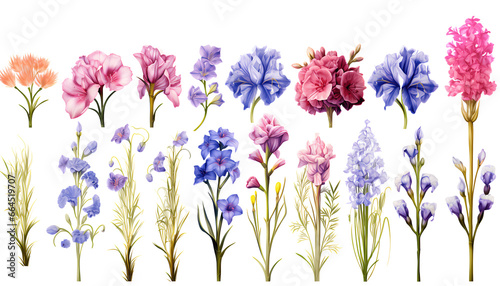 Beautiful Spanish flowers and nature elements, set of various types of Carnation (Dianthus) and Spanish Bluebell (Hyacinthoides hispanica), Spanish Iris (Iris xiphium), isolated on white background 