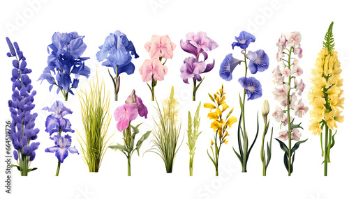 Collection of beautiful Spanish flowers and nature elements, set of various types of Carnation and Spanish Bluebell, Spanish Iris, isolated on white background 