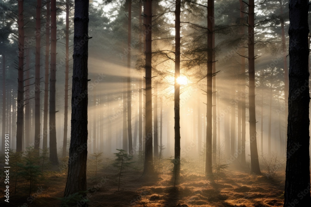 Frosted pine forest, sun rays piercing through morning mist. Frosted pine forest, sun rays piercing through morning mist.