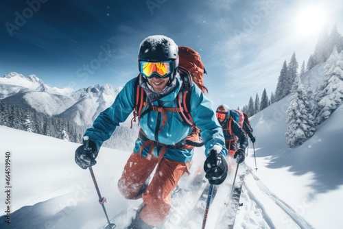 Group of friends, bundled in winter gear, skiing down a snowy mountain.