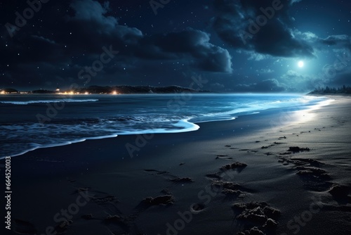 Nighttime winter beach, waves lapping at the frosty shoreline.