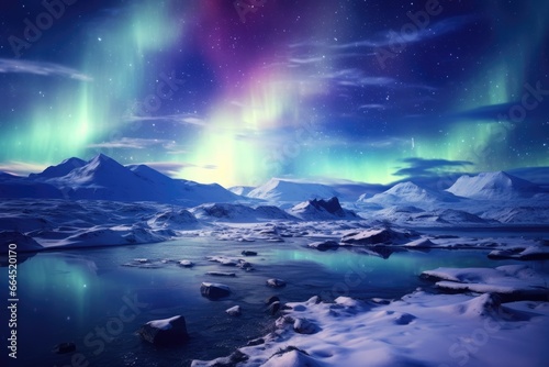 Northern lights illuminating a snowy tundra landscape. © furyon