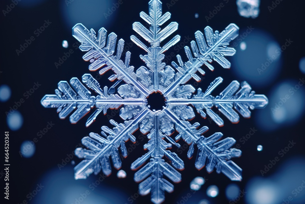 Snowflakes up close, intricate patterns and designs.