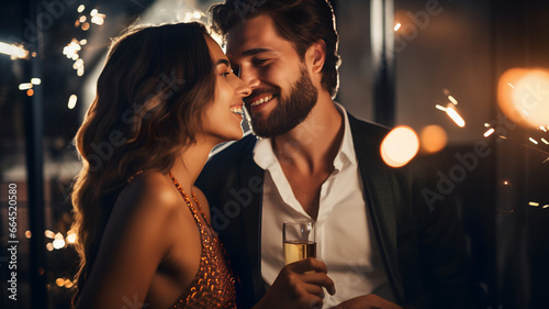 Happy couple celebrating together, smiling, New Year's Eve, christmas, birthday and wedding, holding a glass of champagne, fireworks, couple drinking at a party, happiness, man and woman together