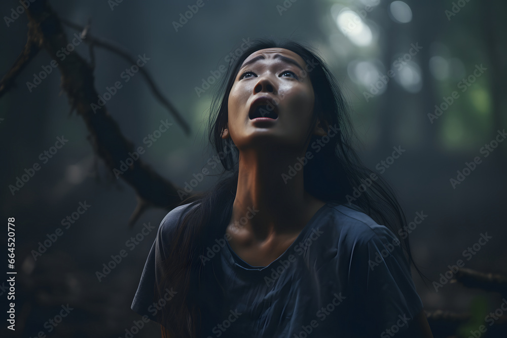 Asian woman lost in forest at summer day. Neural network generated image. Not based on any actual person or scene. Asian woman lost in forest at summer day. Neural network generated image. Not based on any actual person or scene.