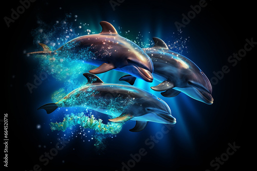 Dolphins leaping through bioluminescent waters  expressing the love and creation of nighttime wonders  love and creation