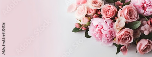 Fresh bunch of pink peonies and roses with copy space. #664520736