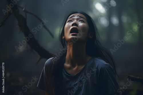 Asian woman lost in forest at summer day. Neural network generated image. Not based on any actual person or scene.