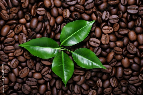 Green leaves with coffee beans as background.