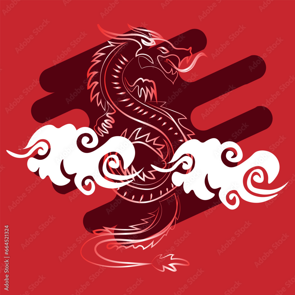 Drawn Chinese dragon on red background