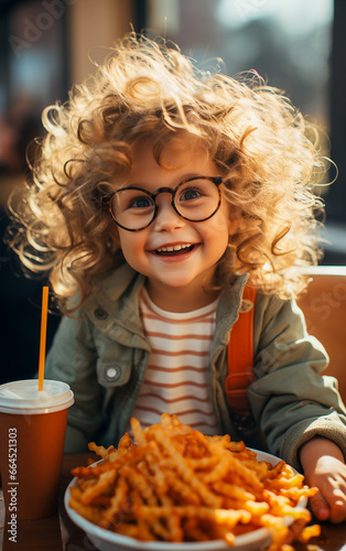 A joyful girl child in front of a big plate full of fries