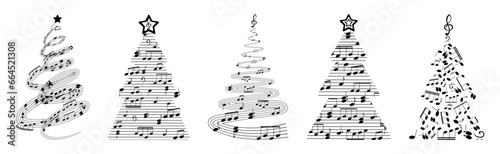 Set of Christmas trees made of music notes on white background