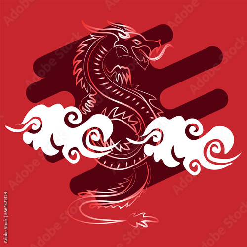 Drawn Chinese dragon on red background