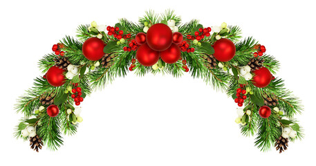 Snowberries with green twigs of Christmas tree, red decorations and cones in a holiday wave garland isolated on white or transparent background