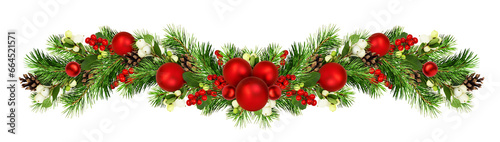 Snowberries with green twigs of Christmas tree, red decorations and cones in a holiday waved garland isolated on white or transparent background
