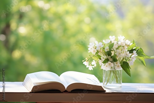 Jasmine flowers in a vase and open book on the table, green natural background. © Md