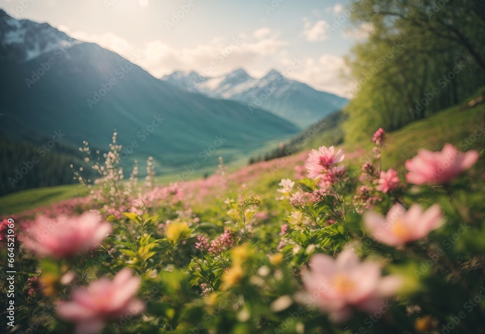 Fototapeta premium Beautiful blurred spring mountain background nature with blooming glade
