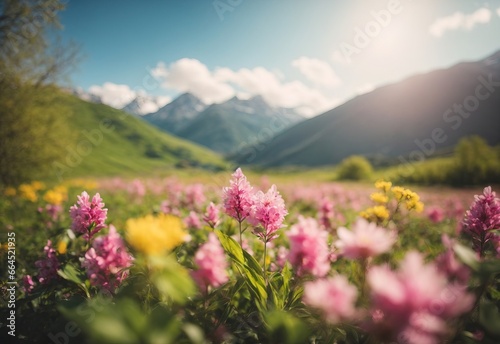 Beautiful blurred spring mountain background nature with blooming glade