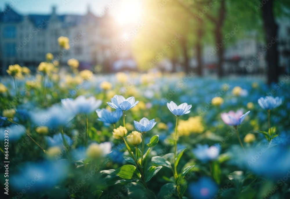 Obraz na płótnie Beautiful blurred spring blue city background nature with blooming glade w salonie