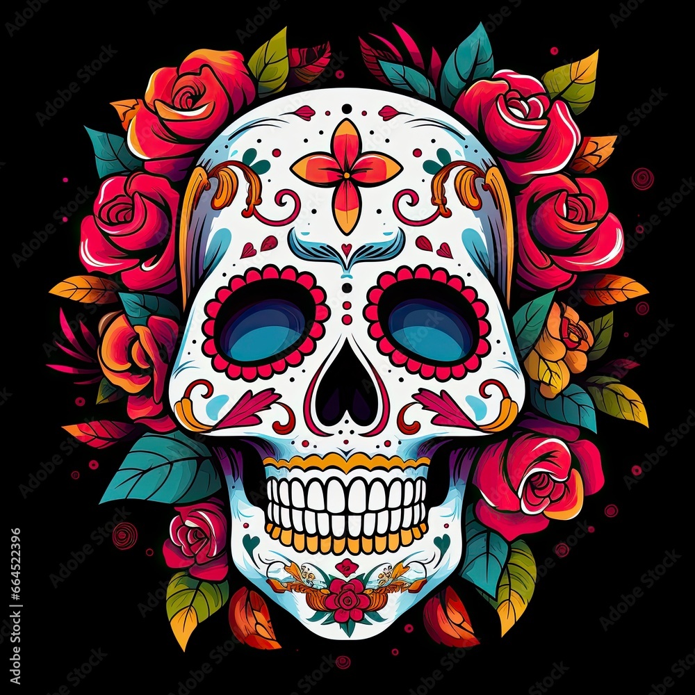 Mexican roses skull. Mexican roses skull. Dia de los muertos shugar colorful head.