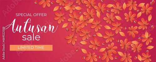 Advertising banner for autumn sale with leaves on red background