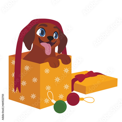 Cute puppy sitting in Christmas gift box on white background