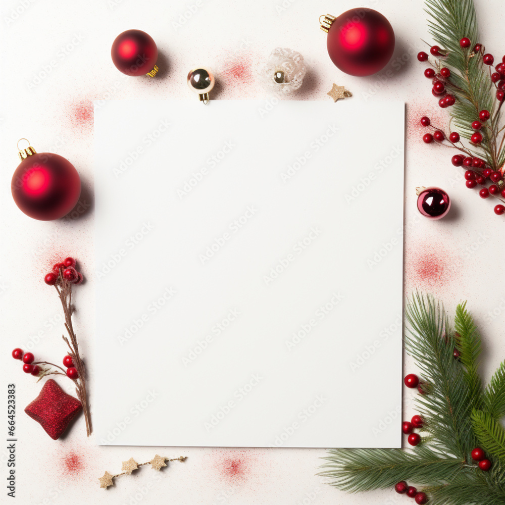 Fondo con detalle y textura de hoja en blanco con decoración de navidad de tonos rojos 