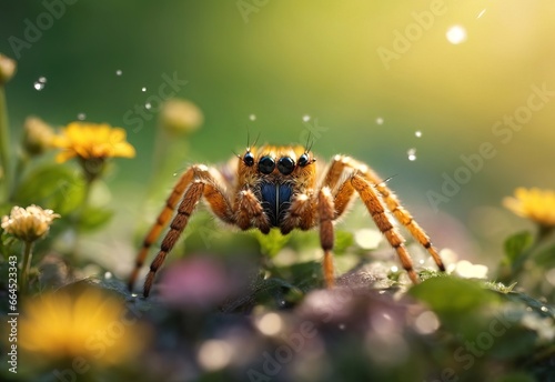 Beautiful blurred close up spider stay at meadow flower nature with blooming glade