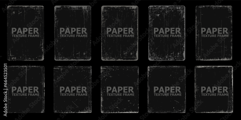 Realistic texture overlay, worn paper effect. Retro grunge effect cd frame with grain and scratch mockup set. Torn and crumpled pattern for poster or vinyl album cover. Vector illustration