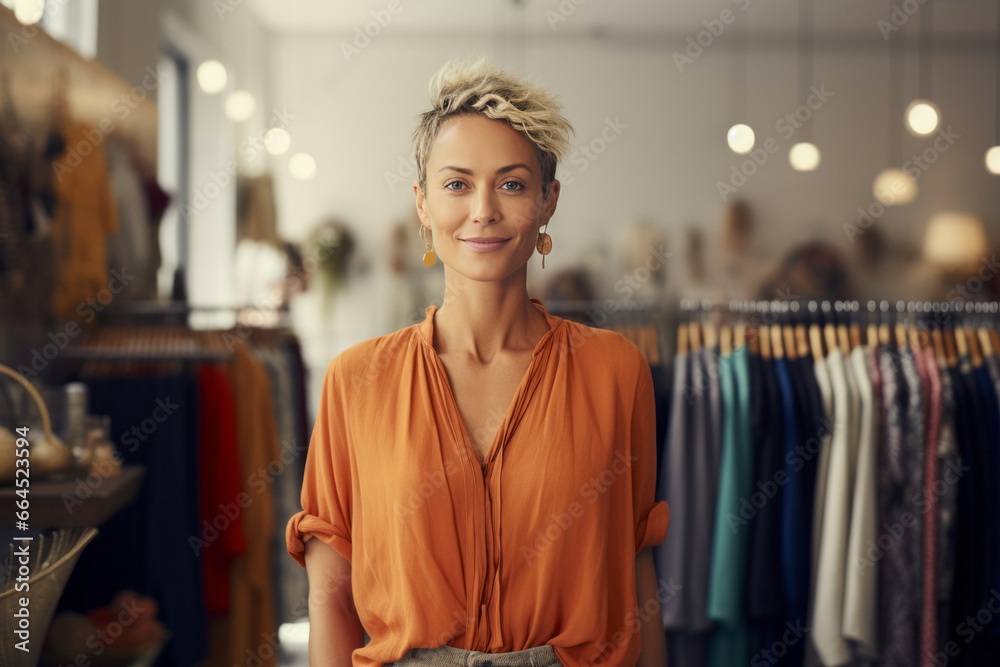 Portrait of beautiful young woman in a women's clothing and accessories store. Owner or manager with elegant short hairstyle greets customers. Successful small business in beauty and fashion industry. - obrazy, fototapety, plakaty 