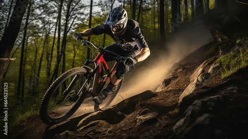 Adventurous Mountain Biker Swiftly Descending a Thrilling Trail: Exhilarating Outdoor Recreational Lifestyle Sport Amidst the Beauty of Nature  © Jugoslav