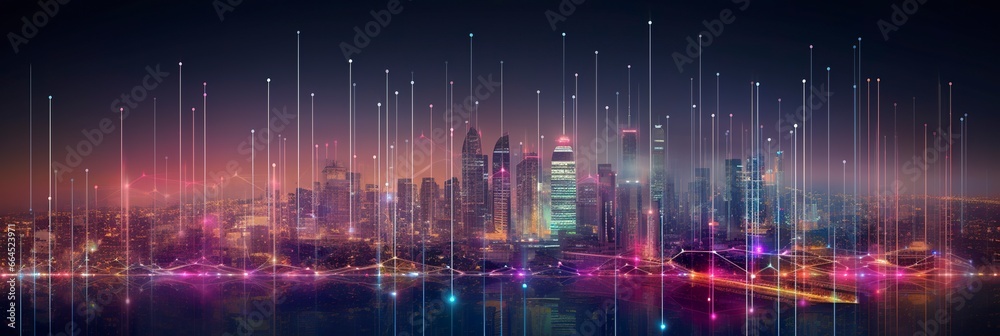 Smart city and abstract dot points connect with gradient lines and aesthetic Intricate wave line design, big data connection technology concept. - obrazy, fototapety, plakaty 