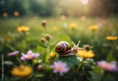 Beautiful blurred close up snail stay at meadow flower nature with blooming glade