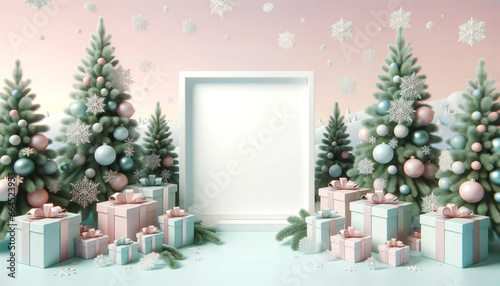 New year, Christmas gift boxes, balls and pine tree, light background filled with snowflakes. Copy space for advertising. Ai generative