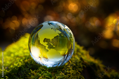 New year world environment day usa america. Glass globe economy renewable energy earth ball  sustainable development goals. Environmental protection renewable energy  sustainability future