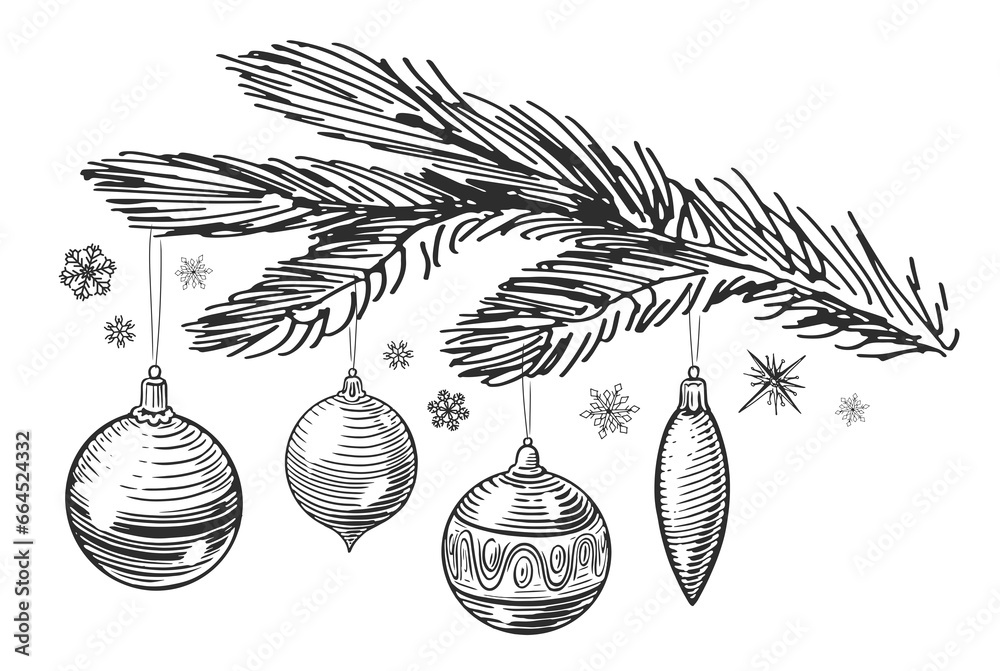 Christmas balls and baubles hanging on a fir tree branch. Holiday decorations sketch vintage illustration - obrazy, fototapety, plakaty 